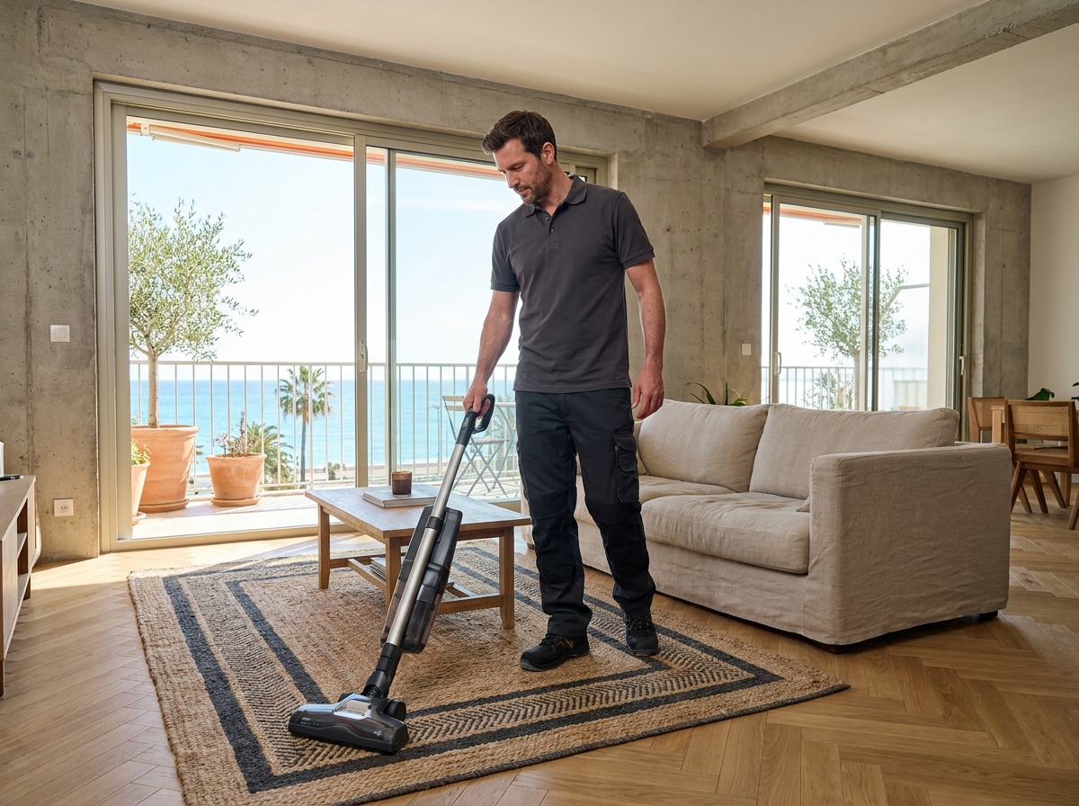 Homme effectuant le nettoyage professionnel d'un salon avec aspirateur dans un appartement à Nice