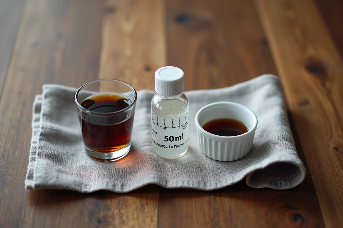 Vue aérienne d'objets du quotidien contenant chacun environ 50 ml disposés sur une table en bois