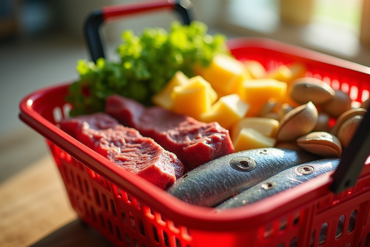 Panier avec aliments riches en vitamine B12 comme foie sardines et fromage
