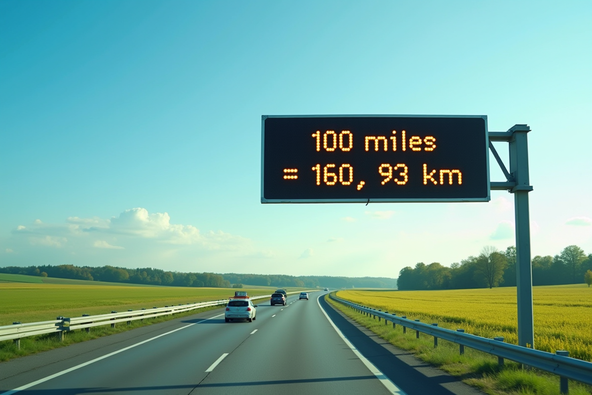 Panneau digital indiquant 100 miles en kilomètres sur une autoroute ensoleillée