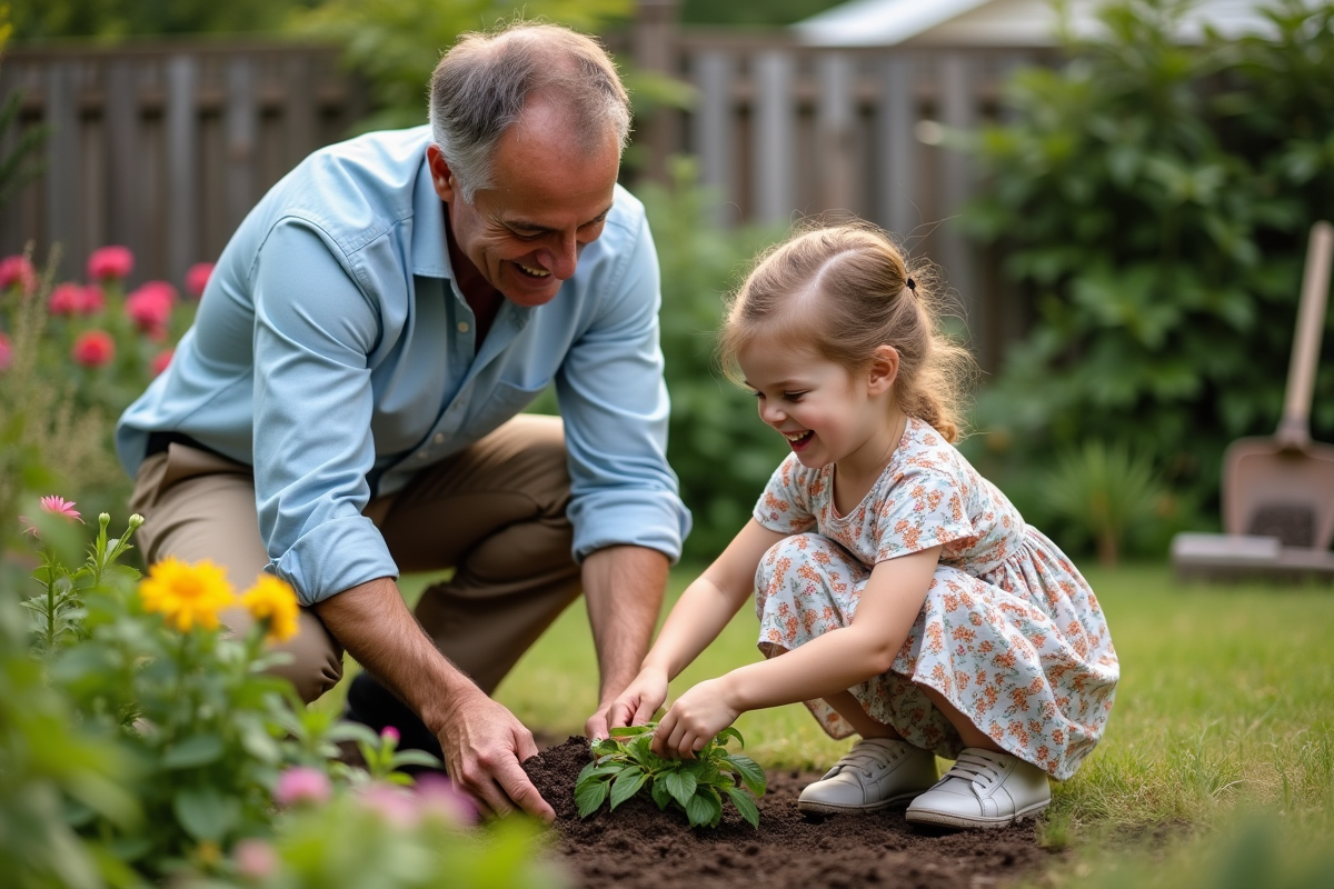 Papa et sa fille plantent des fleurs dans le jardin