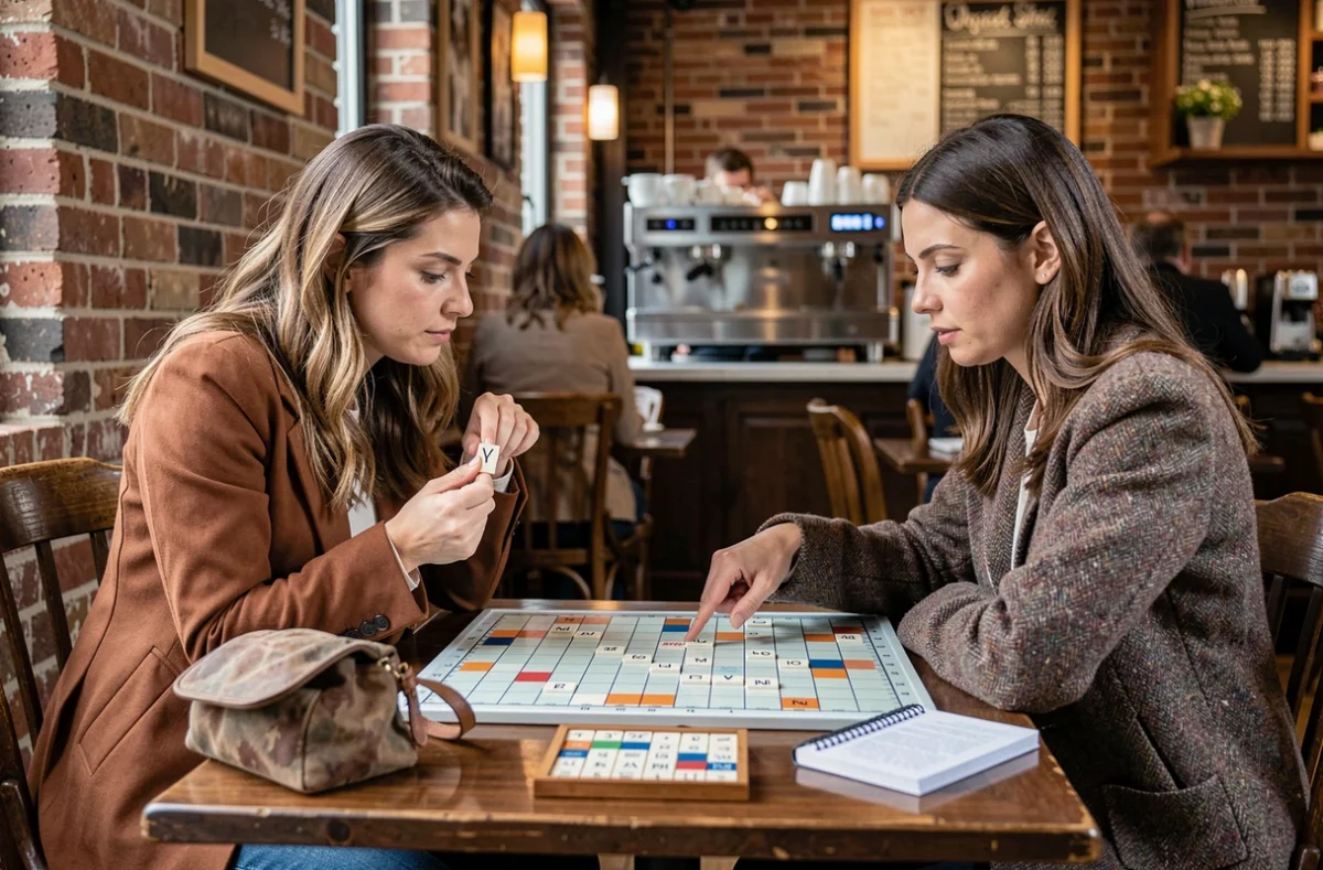Deux joueuses de Scrabble en compétition dans un café, analysant le placement stratégique de la lettre Y sur le plateau