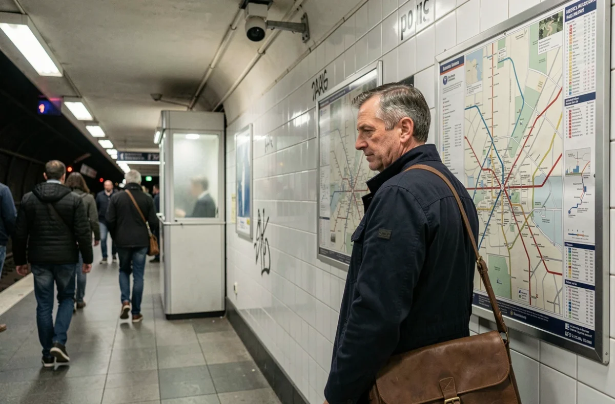 Passager consultant un plan du métro ligne 9 dans un couloir de station parisienne sécurisée