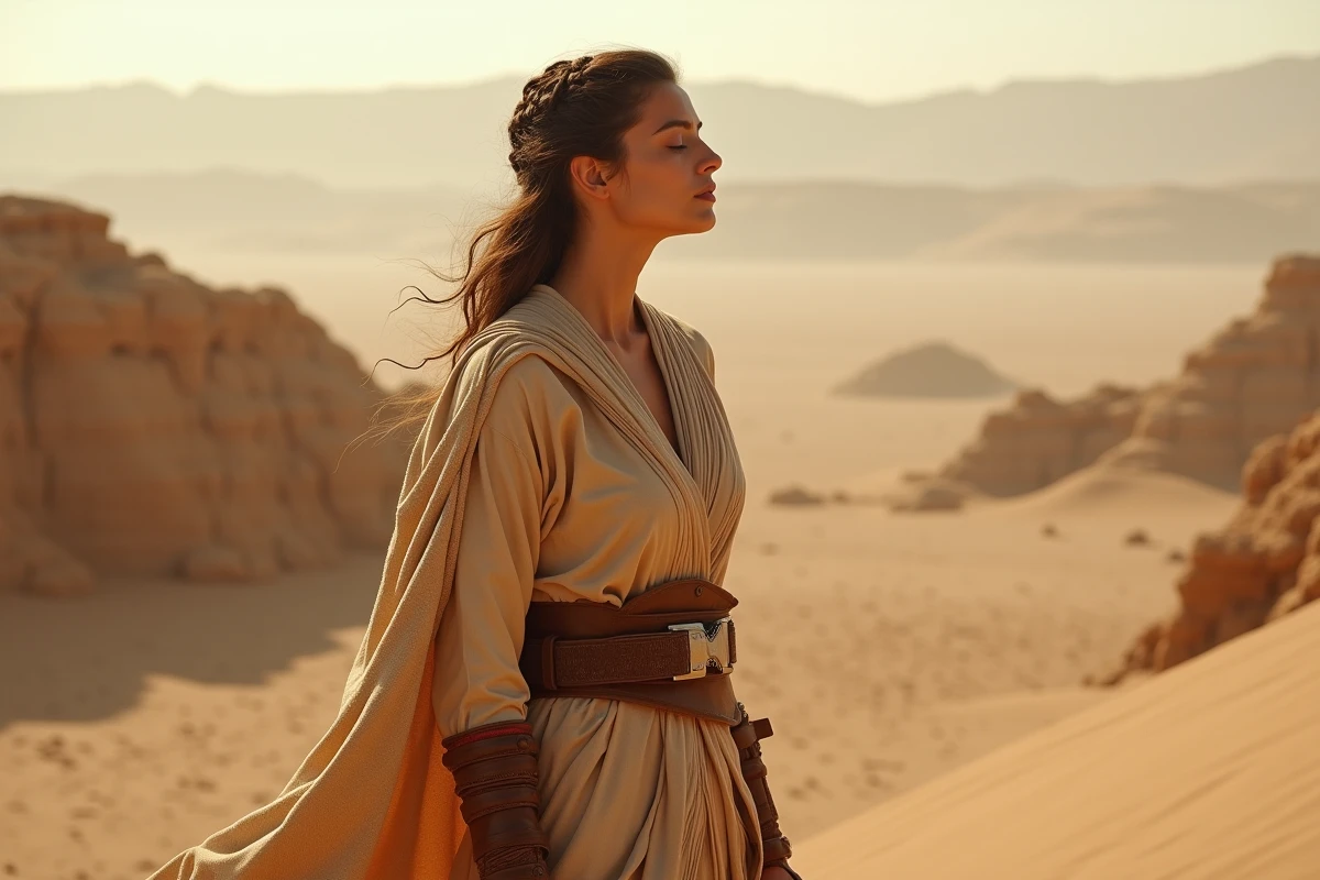 Personnage féminin sensible à la Force en tenue de désert sur un plateau rocheux, représentant les pouvoirs mystiques des guerriers de Star Wars