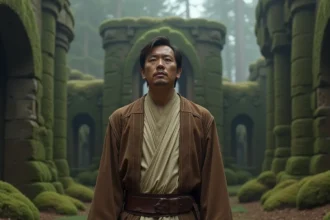 Personnage Jedi en robe brune usée concentré dans une forêt brumeuse avec des ruines anciennes, illustrant les pouvoirs de la Force dans Star Wars