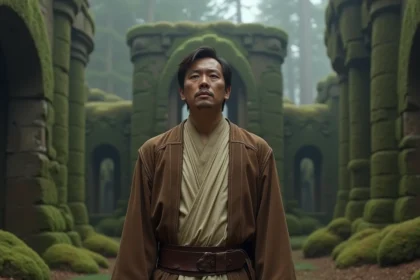 Personnage Jedi en robe brune usée concentré dans une forêt brumeuse avec des ruines anciennes, illustrant les pouvoirs de la Force dans Star Wars