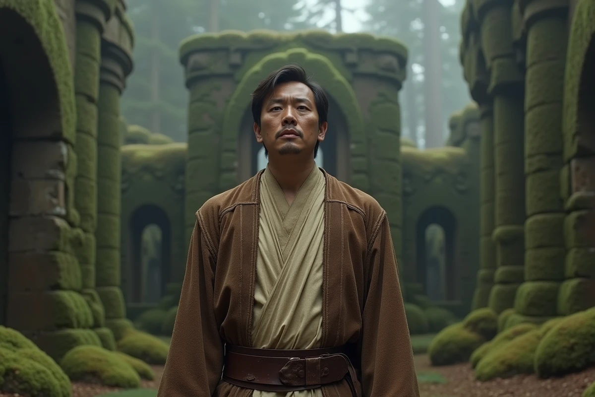 Personnage Jedi en robe brune usée concentré dans une forêt brumeuse avec des ruines anciennes, illustrant les pouvoirs de la Force dans Star Wars