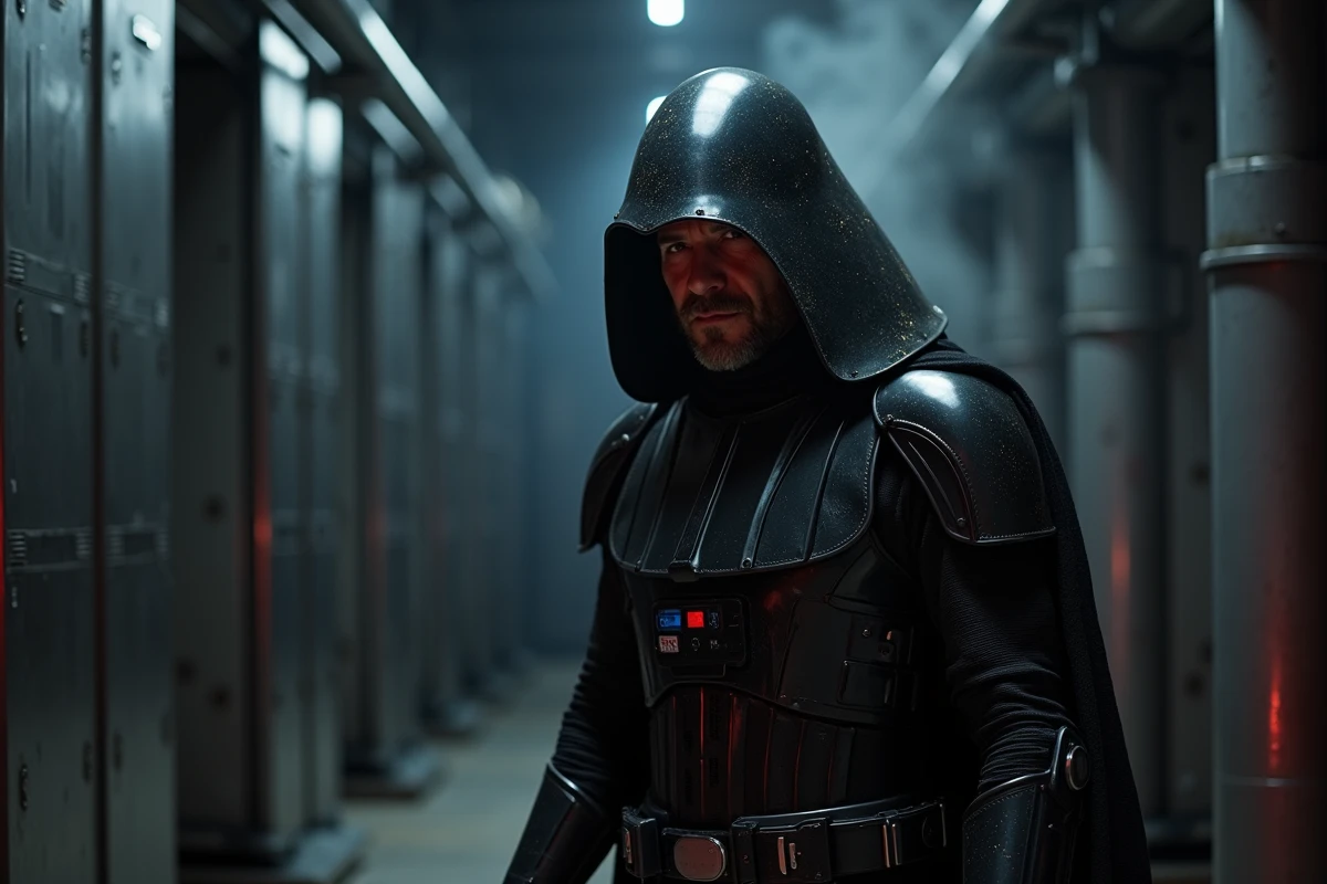 Personnage Sith en armure noire brillante dans un couloir industriel sombre évoquant les pouvoirs obscurs de la Force dans Star Wars