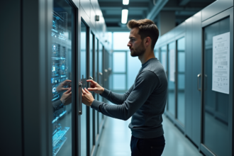 Jeune physicien ajustant un ordinateur quantique en laboratoire