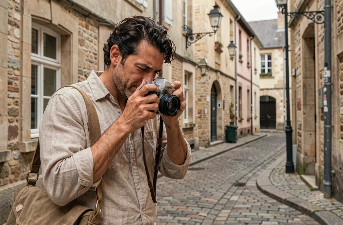 Photographe nomade ajustant son appareil photo sur une rue pavée d'une ville du nord de la France
