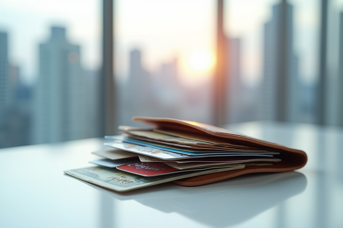 Portefeuille ouvert avec cartes de crédit et argent sur une table blanche