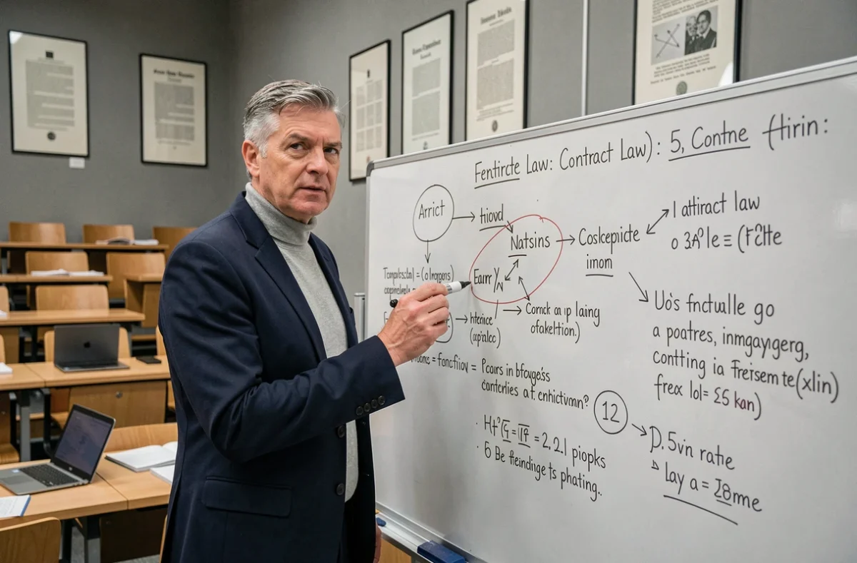 Professeur de droit expliquant l'article 1134 du Code civil lors d'un séminaire universitaire