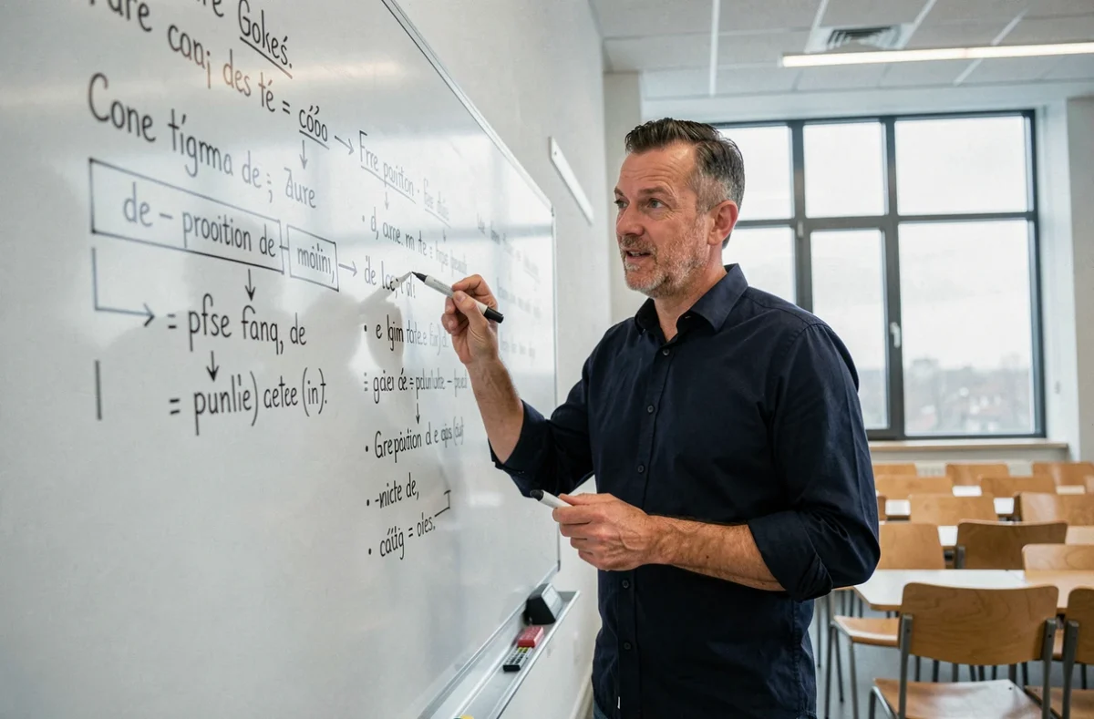 Professeur expliquant les règles d'emploi de la préposition de devant un tableau blanc dans une salle de classe universitaire