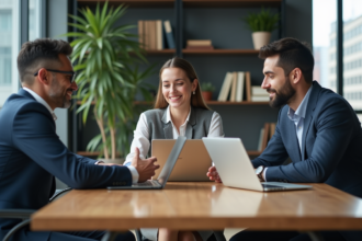Trois professionnels discutent autour d'une table moderne en bureau