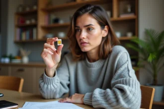 Femme tenant une puce SIM entre ses doigts pour conserver son numéro de téléphone sans abonnement mensuel
