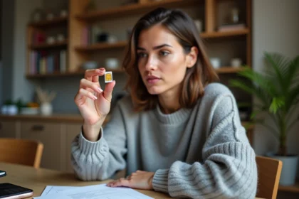 Femme tenant une puce SIM entre ses doigts pour conserver son numéro de téléphone sans abonnement mensuel