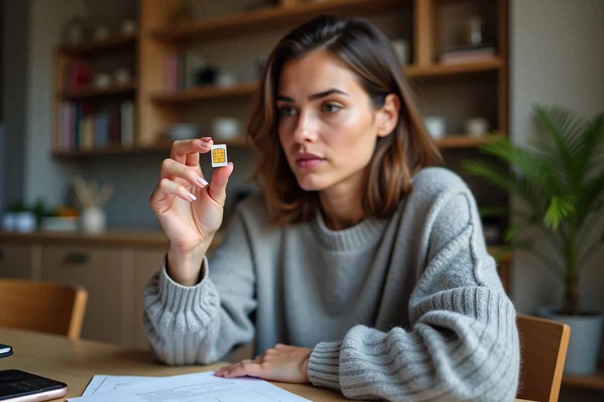 Femme tenant une puce SIM entre ses doigts pour conserver son numéro de téléphone sans abonnement mensuel