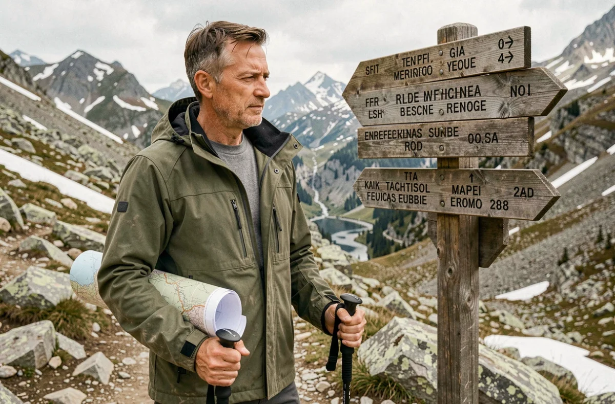 Randonneur masculin consultant un panneau directionnel en bois au col d'un massif alpin français avec carte papier sous le bras