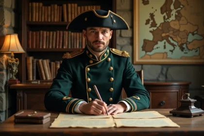 Reconstituteur historique en uniforme napoléonien rédigeant une lettre à la plume sur un bureau ancien