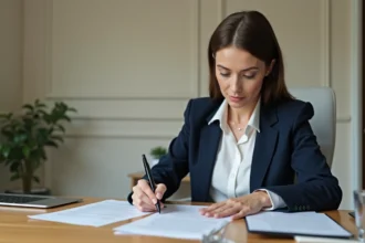 Femme professionnelle rédigeant un document administratif mentionnant la somme de deux mille cinq cents euros en lettres à son bureau