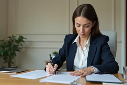 Femme professionnelle rédigeant un document administratif mentionnant la somme de deux mille cinq cents euros en lettres à son bureau
