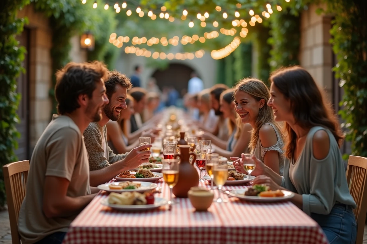 Groupe d'amis partageant un repas convivial lors d'un banquet de fête de village en plein air