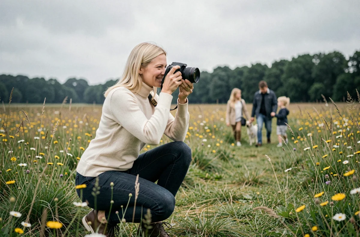 Sarah Steck photographiant une famille dans une prairie fleurie près de Lille par temps nuageux