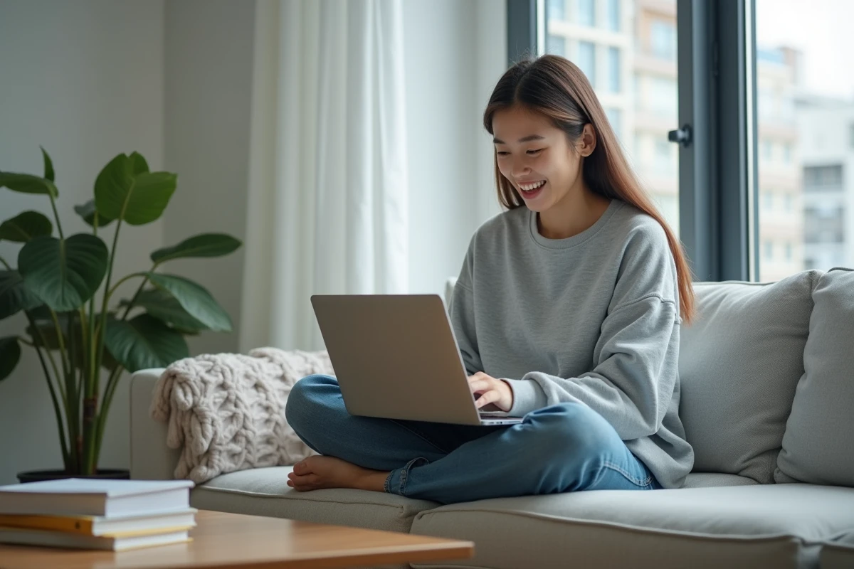 Jeune femme lisant un scan manga en VF sur son ordinateur portable dans un salon moderne et épuré