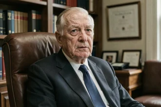 Portrait d'un dignitaire âgé en costume sombre assis dans un bureau diplomatique, évoquant le déclin de la santé du Shah d'Iran en exil