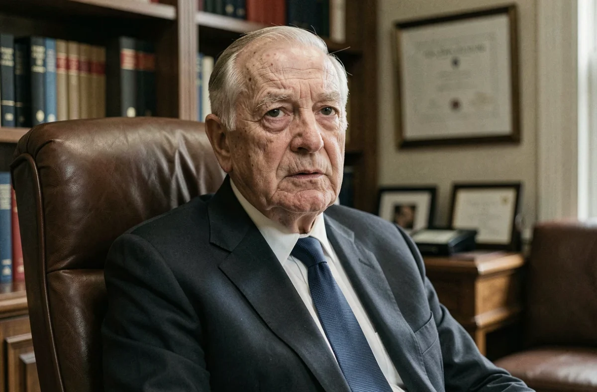 Portrait d'un dignitaire âgé en costume sombre assis dans un bureau diplomatique, évoquant le déclin de la santé du Shah d'Iran en exil
