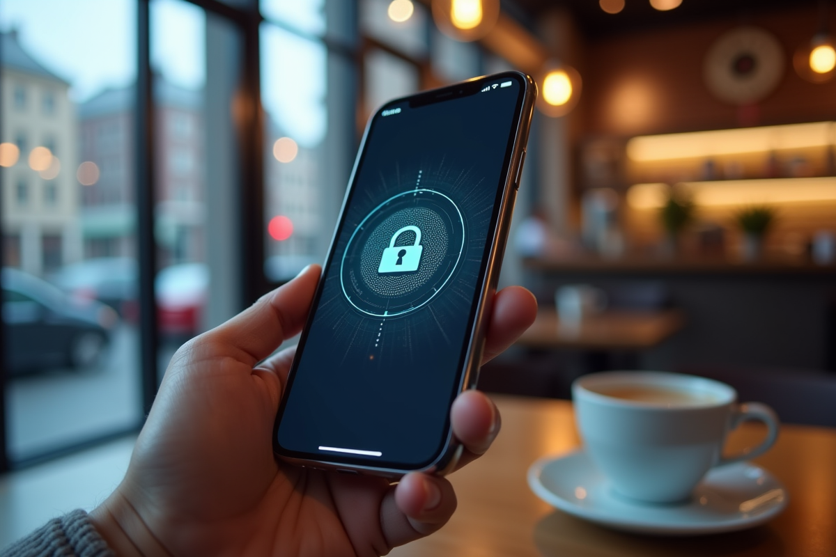 Smartphone affichant une application VPN dans un café urbain