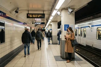 Quai d'une station du métro ligne 9 à Paris en soirée avec des voyageurs et une signalétique claire