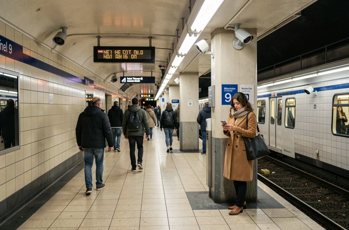 Quai d'une station du métro ligne 9 à Paris en soirée avec des voyageurs et une signalétique claire