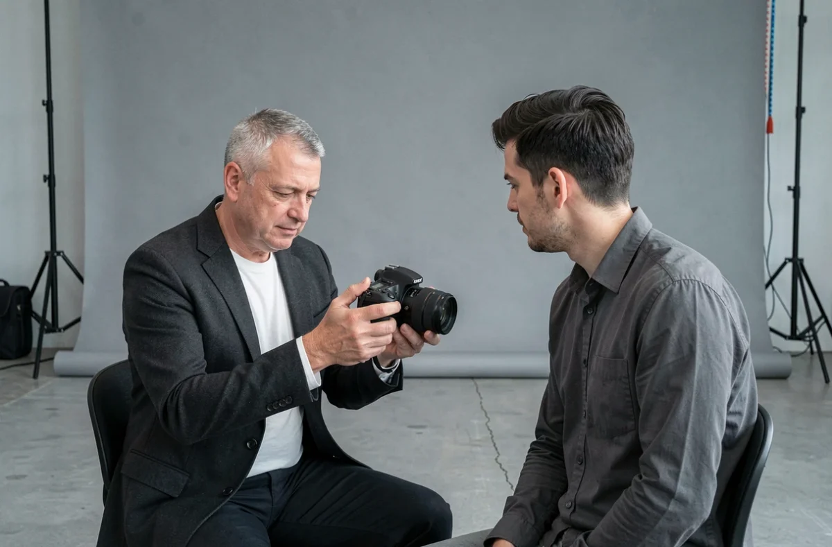 Stéphane Piquet en studio contemporain à Lille, partageant les images avec son sujet sur l'écran de l'appareil photo