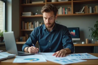 Homme analysant des stratégies de paris sportifs sur des feuilles de calcul imprimées dans un bureau à domicile