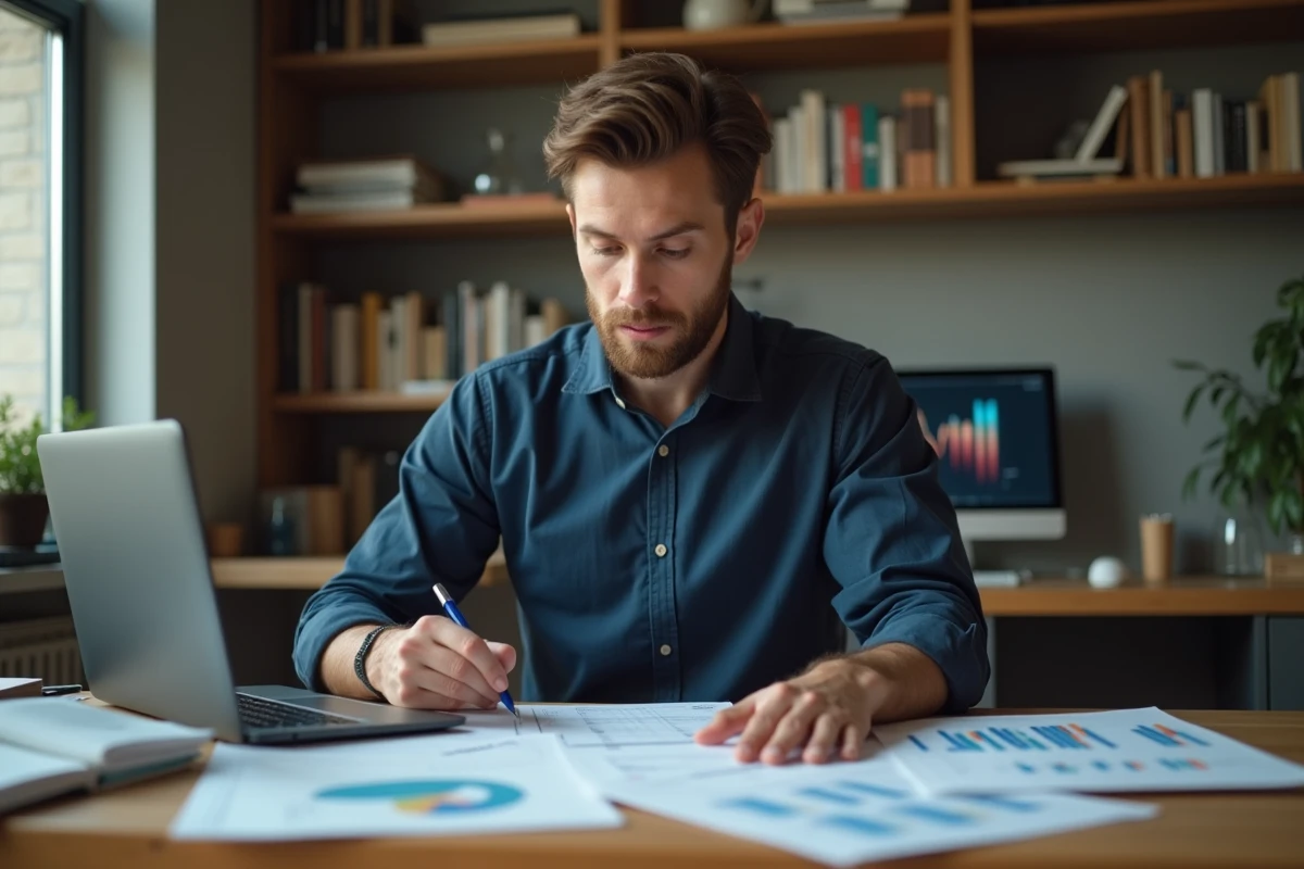 Homme analysant des stratégies de paris sportifs sur des feuilles de calcul imprimées dans un bureau à domicile