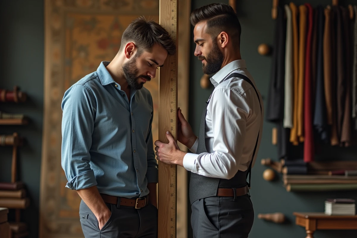 Tailleur mesurant un jeune homme dans un atelier parisien