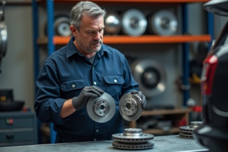 Mécanicien auto homme tenant deux disques de frein