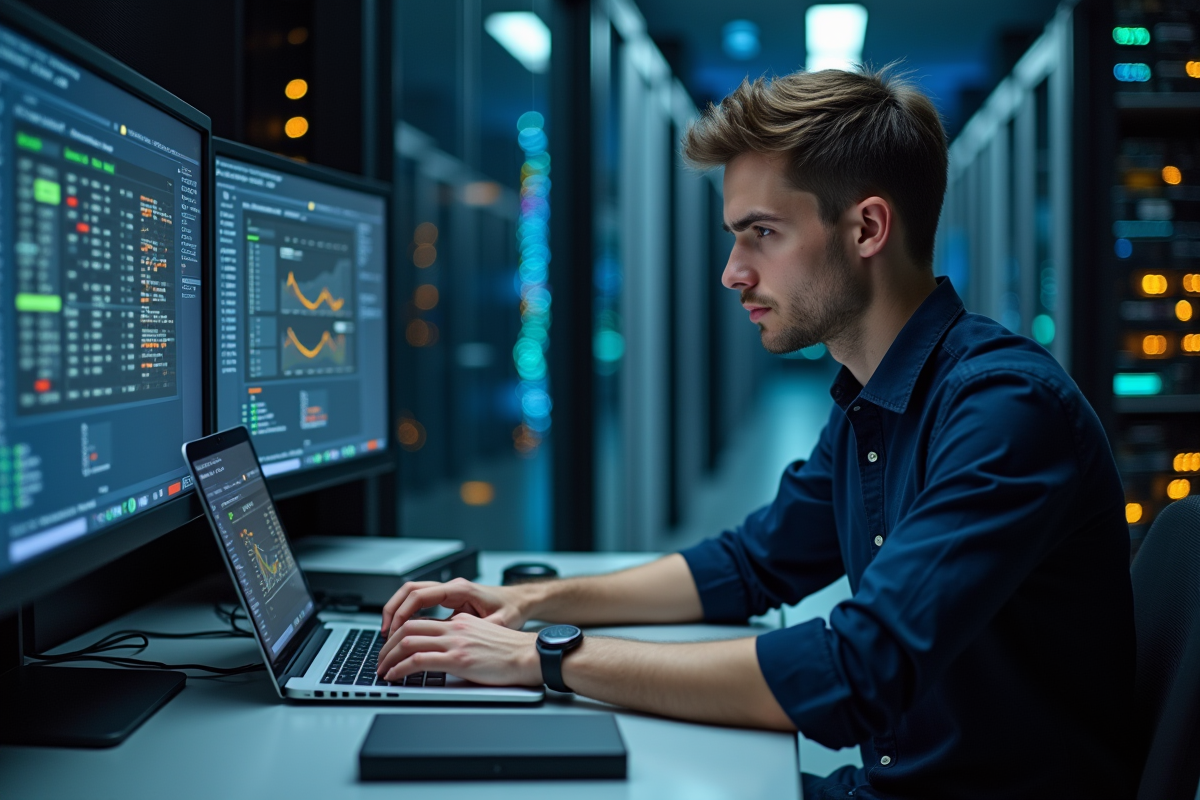 Jeune technicien informatique dans une salle serveurs