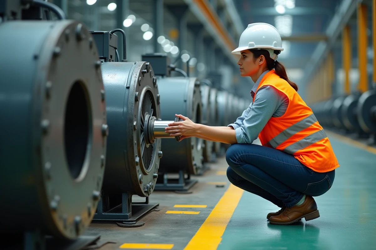 Technicienne électrique inspectant un moteur asynchrone dans une usine de production industrielle