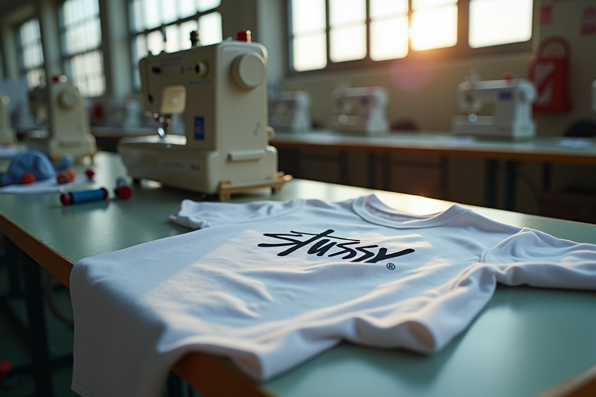 Tshirt Stussy avec étiquette sur une table de couture