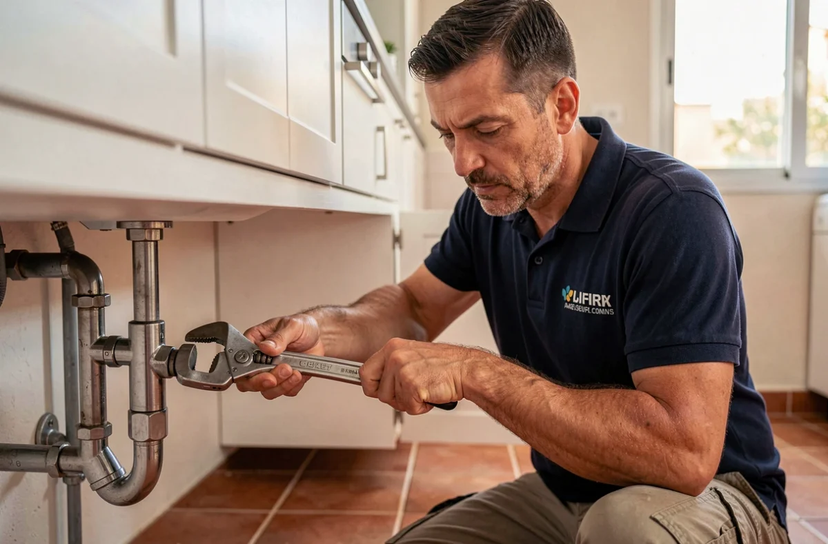 Plombier polyvalent VIDALJB réparant une tuyauterie sous un évier dans un appartement de Montpellier