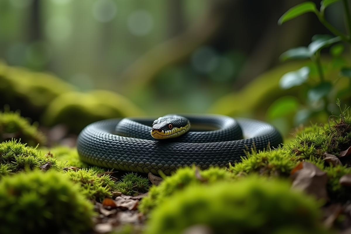 Vipère enroulée sur un sol de mousse verte dans la forêt