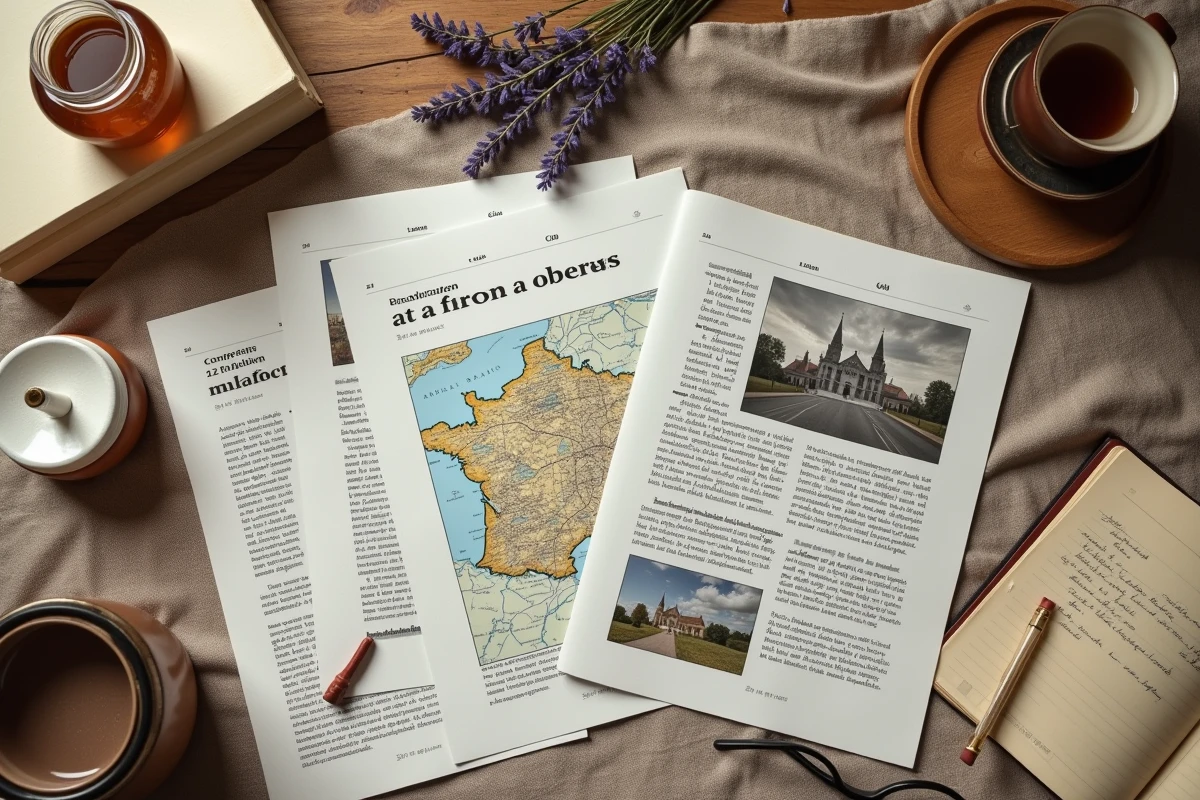 Vue aérienne d'une table de recherche avec des archives imprimées, une carte des abbayes françaises et des produits monastiques artisanaux